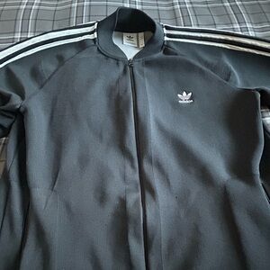 Adidas Men's Black Bomber Jacket with White Stripes